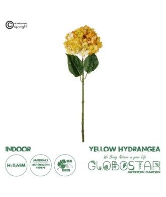 GloboStar® Artificial Garden YELLOW HYDRANGEA BRANCH 21317 Τεχνητό Διακοσμητικό Κλαδί Κίτρινη Ορτανσία Y65cm